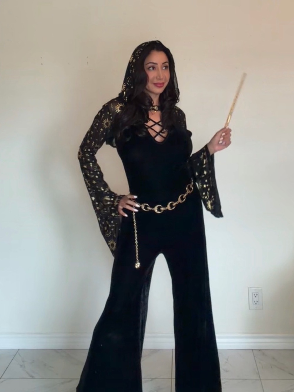 Spirit Spellbinder Black Jumpsuit with Hooded Shawl & Chain Belt